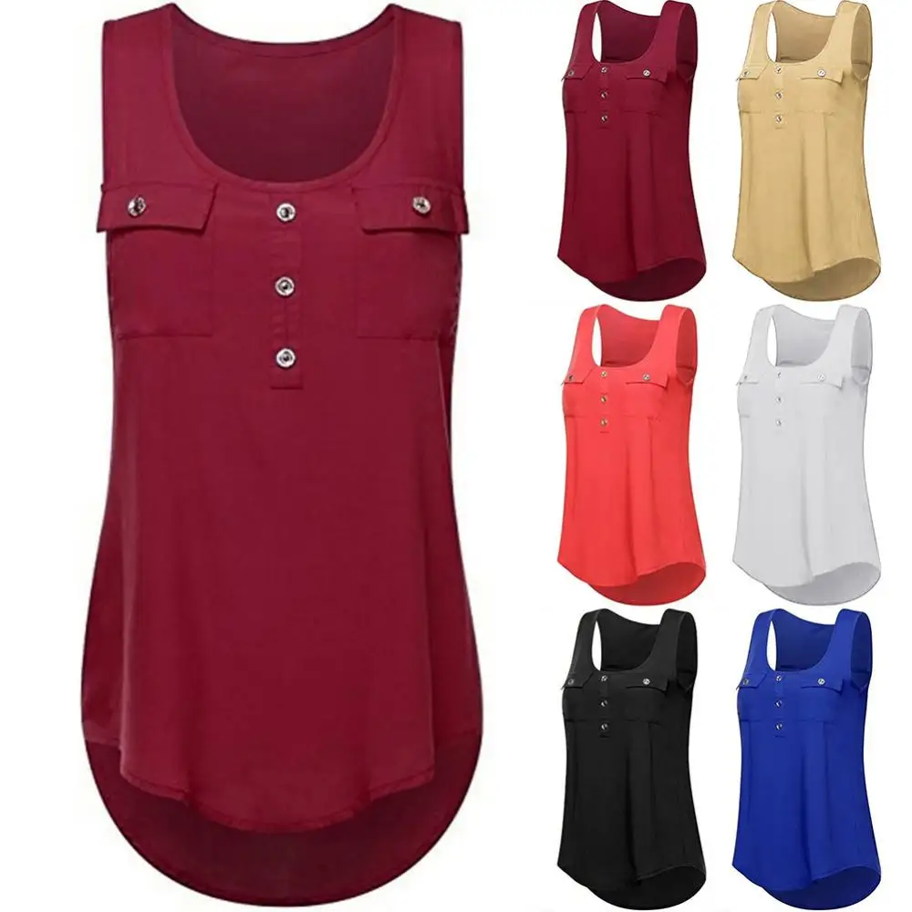 

Summer Sexy Sleeves Women Slim Shirts Casual Simple Tank Tops Lady Solid Color Button Pocket Round Neck Irregular Hem Vest Top