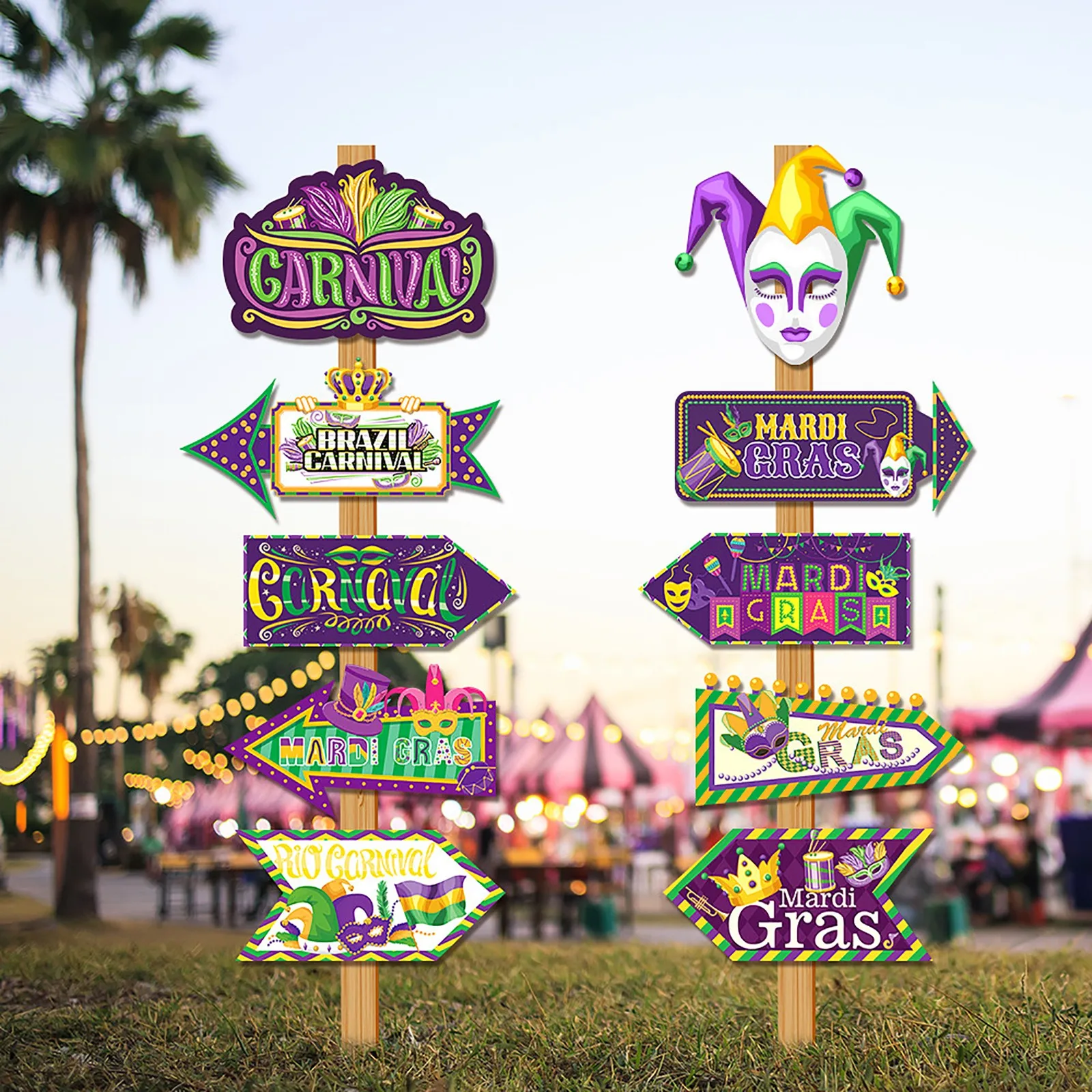 10PC Cardboard Mardi Gras Party Bourbon Street Directional Sign Decor Theme Backdrop Stand,Gras Party Carnival Directional Signs