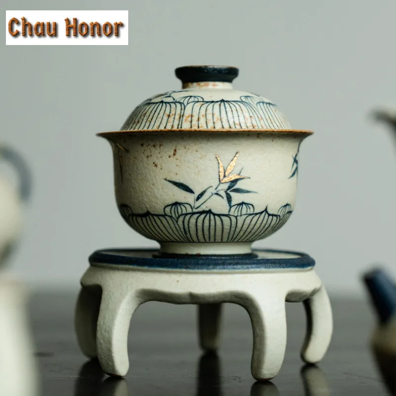 100ml Blue And White Flint Red Gaiwan Handmade Gold Drawing Bamboo Shadow Tea Tureen Tea Maker Cover Bowl Kung Fu Tea Ceremony