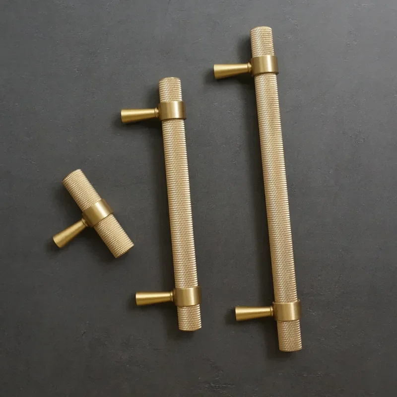 Furniture Handles Long Knurled Kitchen Cabinet Door Drawer Pulls Solid Brass T Bar for Bedroom Wardrobe