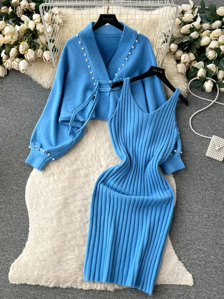 

Fall Winter Knitwears Two Piece Sets For Women Outfits Korean Sweet Beading Knitted Cardigans+straped Bodycon Dresses Sets 2023