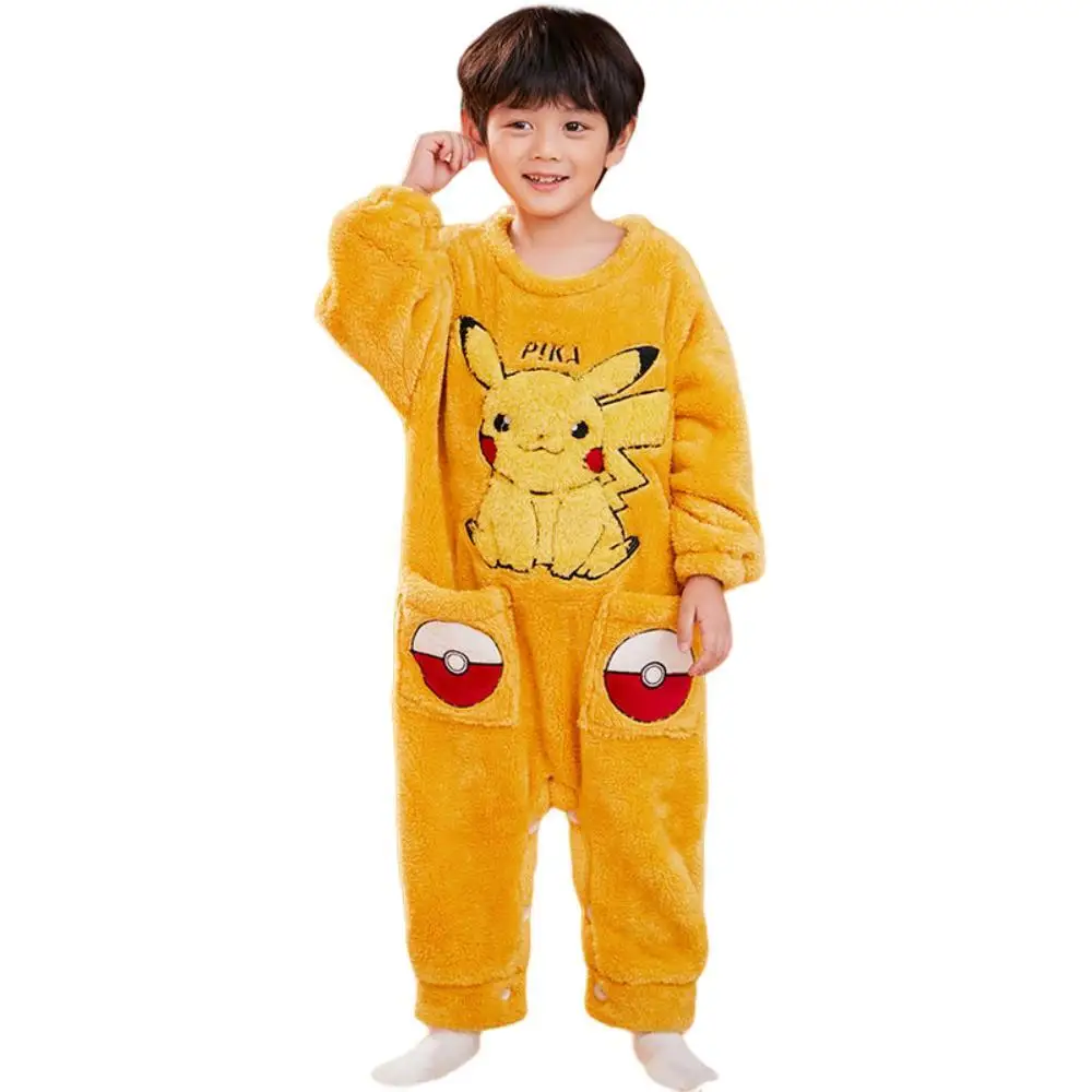 

Anime Pokemon Pikachu Autumn Winter Styles Children Cartoon Home Furnishings Conjoined Pajamas Soft Long Sleeved Pants Suit