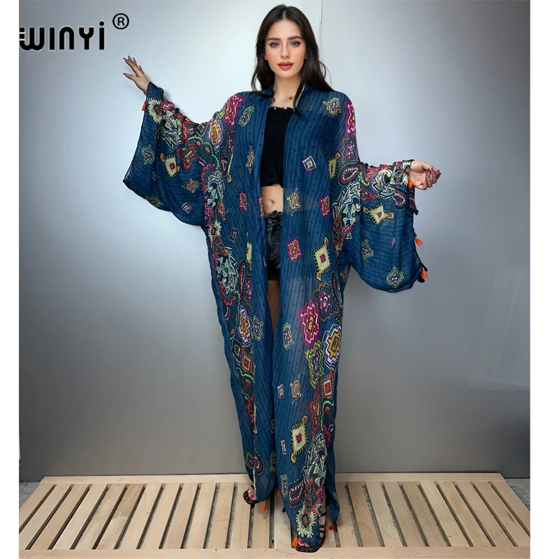 Boho Kimono Print Women Coat Loose Tassels Long Dress Beach Holiday  Swimming Cov | eBay