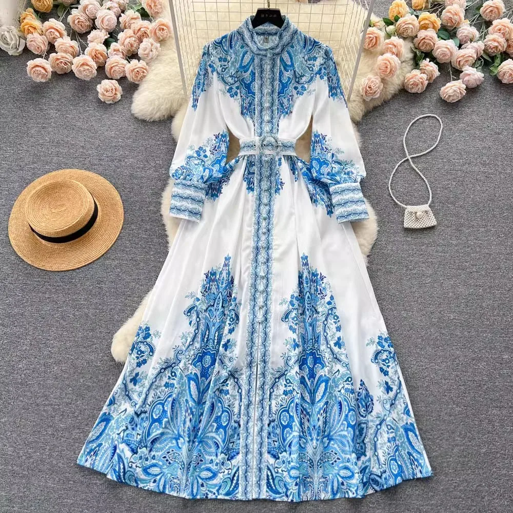 

2023 Spring Autumn Women Maxi Dress Runway Stand Collar Long Lantern Sleeve Single Breasted Belt High Waist Party Vestidos A6679