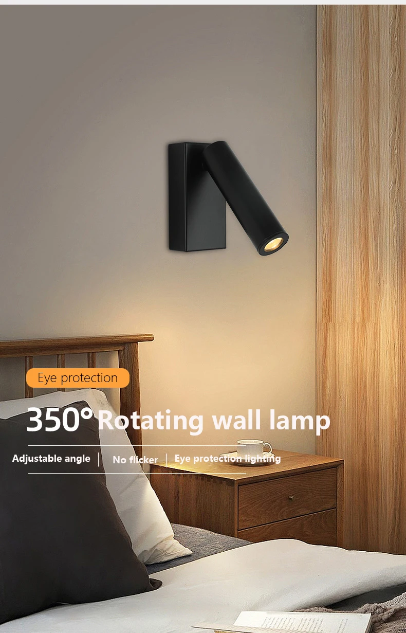 Description Picture 2 of itemClassic 350° Adjustable Angle Led Wall Lamp Bedside Reading Lamp Hotel Bedroom Without Switch Ambiance Rotatable Spotlights
