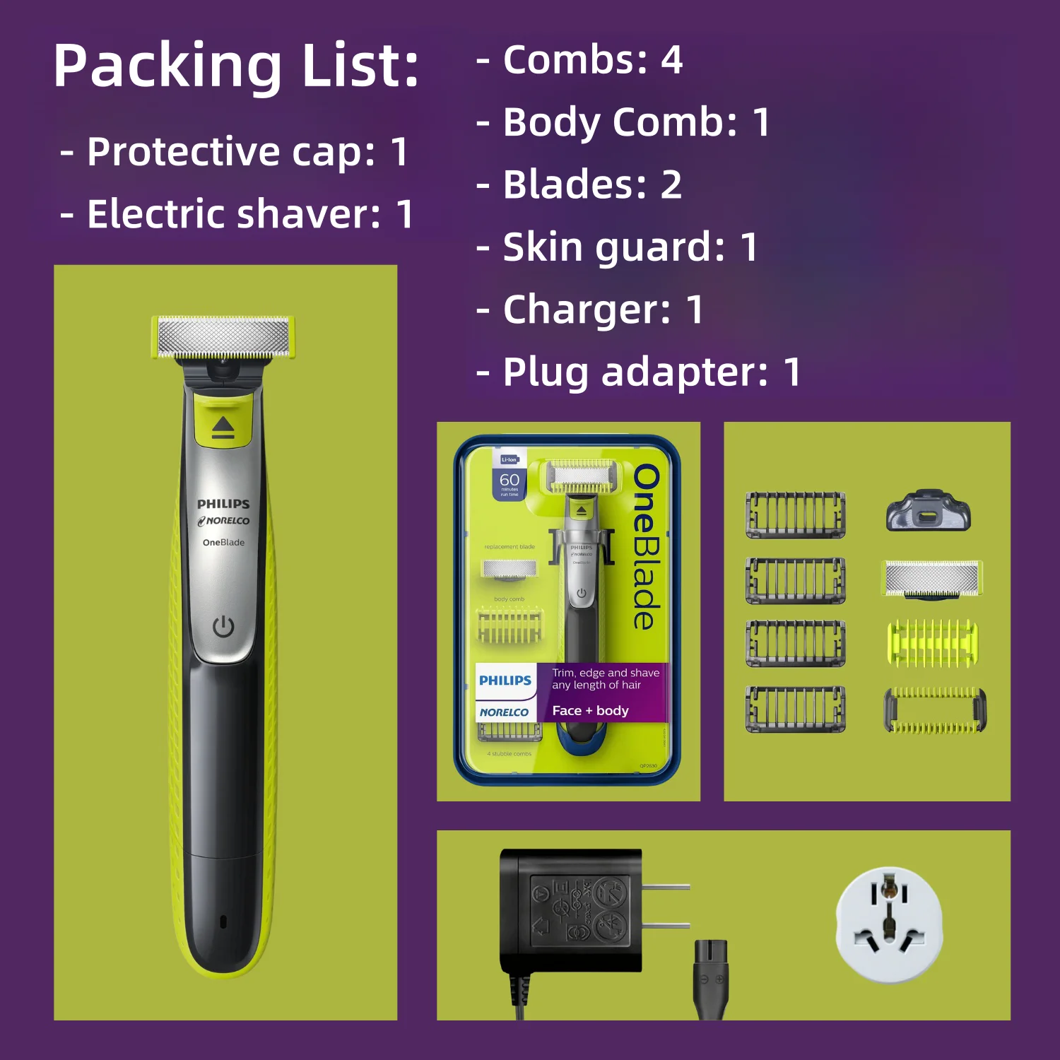 Philips Norelco OneBlade QP2630 Electric Shaver Wet & Dry Double Sided Blades Contour-following technology