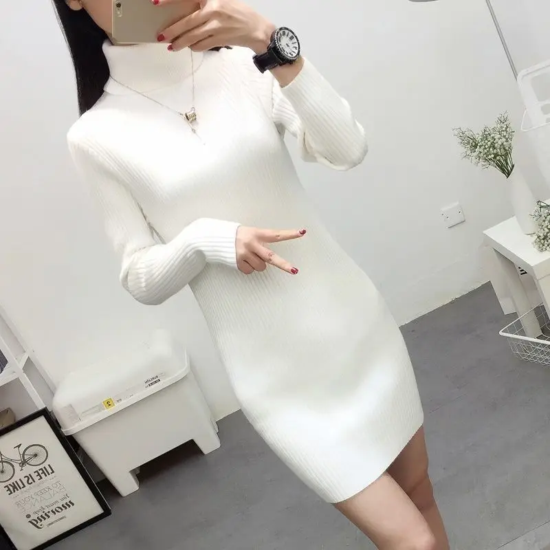 Korean Fashion Vintage Woman Knitted Sweater Dress Yellow for Fall