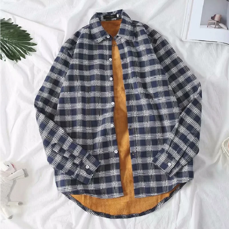 

Plus Velvet All-match Long-sleeved Plaid Shirt Men's Winter Thick Style Korean Casual Hong Kong Style Shirt Student Loose Jacket
