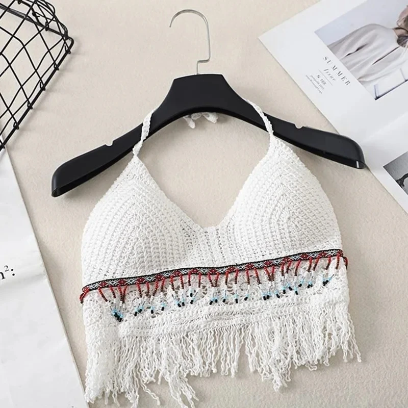 섹시한 Boho 비치 홀리데이 캐미솔 홀터넥 여성 크로 셰 뜨개질 니트 수영복 브래지어 백 레스 조끼 중공 술 탱크 탑 여성 자르기 탑