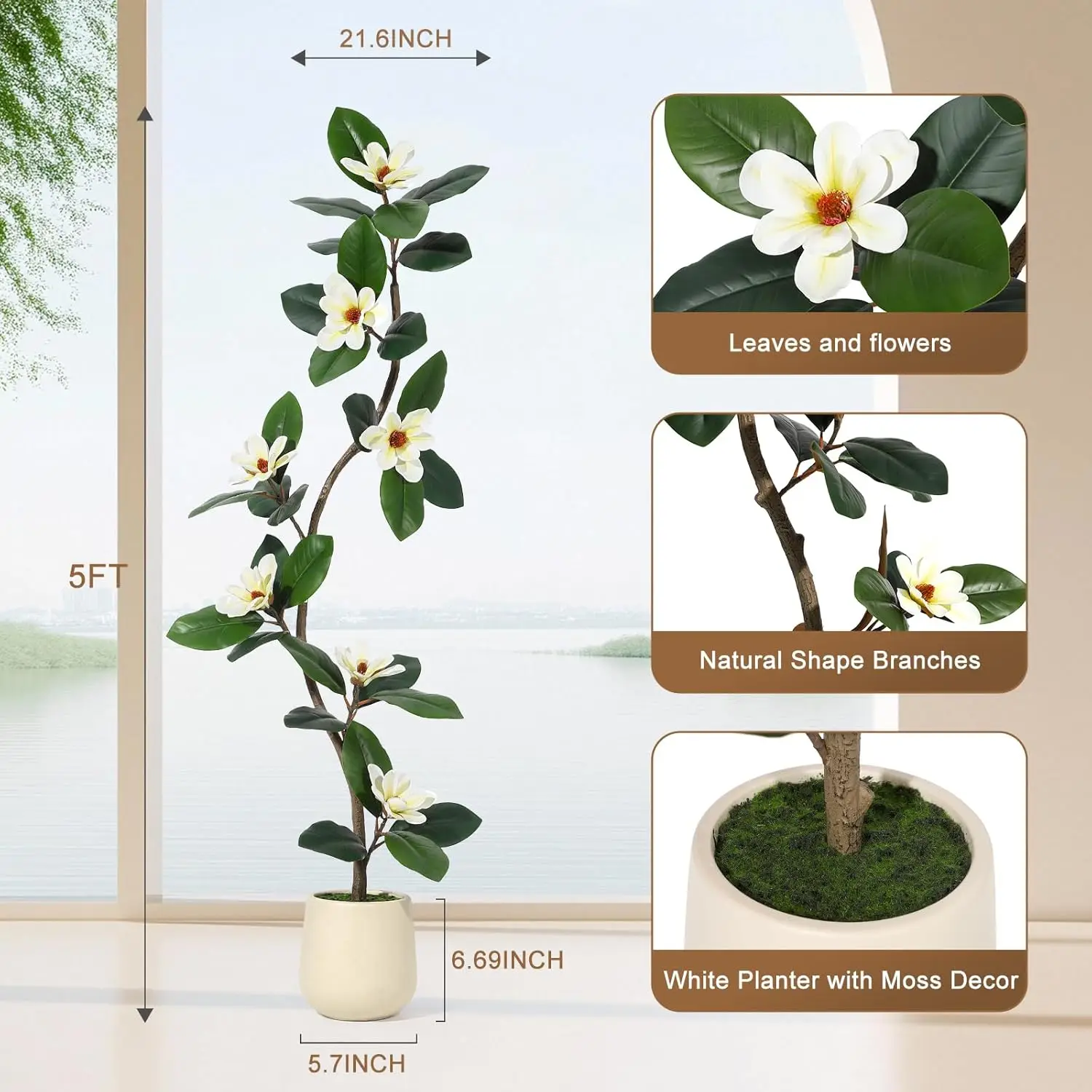 S-förmiger künstlicher Gummibaum mit weißem Pflanzgefäß, künstliche Pflanzen für den Innenbereich, künstliche Bäume mit Magnolienblüten für die Inneneinrichtung – Detail 2