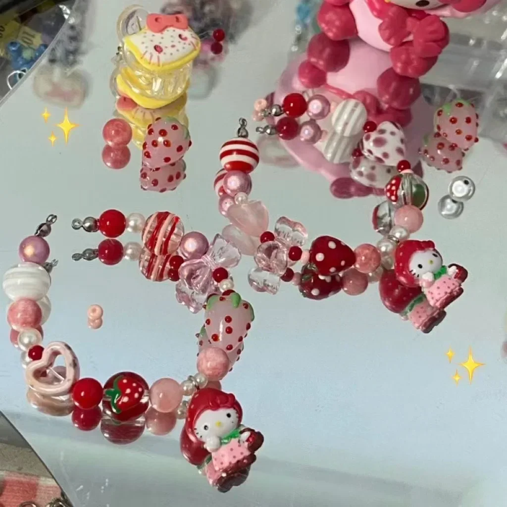 

Sanrio Strawberry Hello Kittys Phone Chain Cute Girl Heart Keychain Decoration Backpack Pendant Kawaii Cartoon Beaded Bracelet