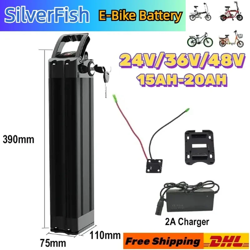 

48V 15Ah 20Ah e-Bike lithium Battery Silver fish case 24V 36V 1000W for Motor Bike Haiba conversion kit 54.6v Electric Bicycle