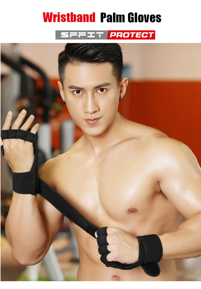 1 Pair Gym Fitness Crossfit Gloves With Wrist Wrap Silicone Non-Slip Weightlifting Bodybuilding Dumbbell Workout Palm Protect