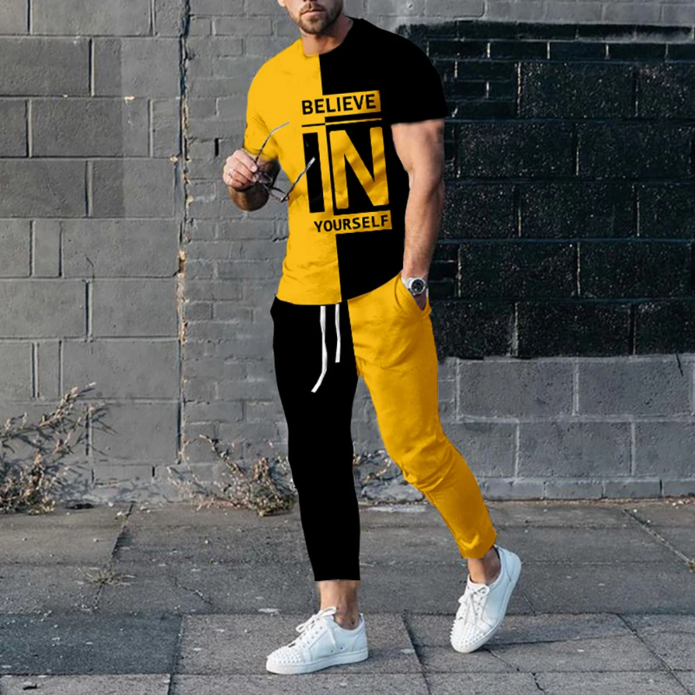Men Fashion Trend T-Shirt Trousers Set Summer Solid Color Tracksuit Male Outfit 2 Pieces Casual Streetwear Suit Vintage Clothing