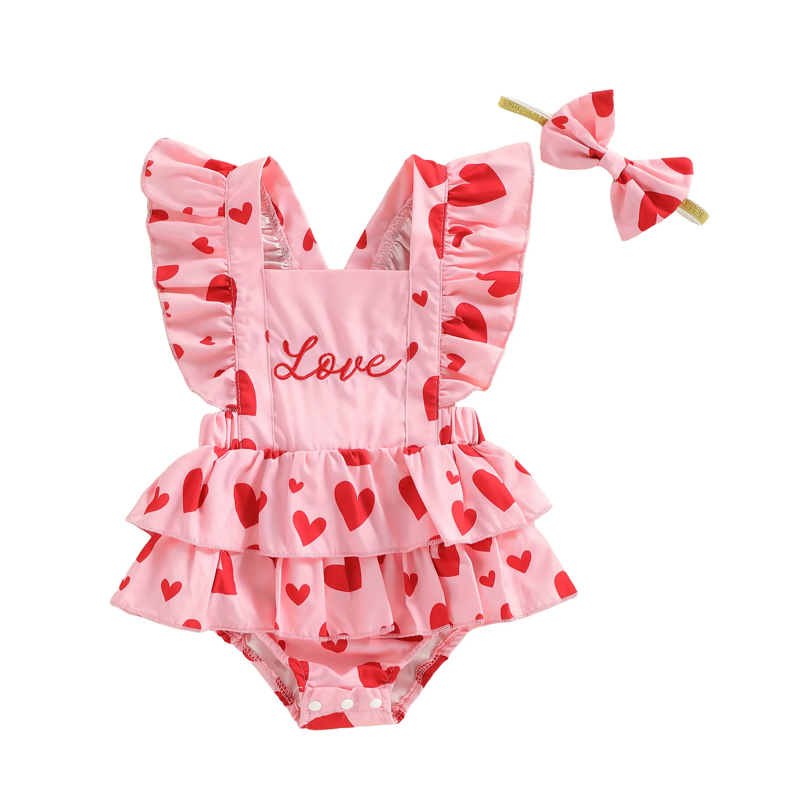 Toddler Girl Valentine s Day Dress Heart Print Ruffle Sleeve Square Neck Romper Bow Headband 2 Piece Outfit Set with Love