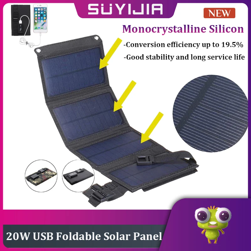 

20W Foldable Solar Panel USB Output 1.6A 5V Max Portable Foldable Waterproof 5V Outdoor Camping Power Bank Battery Solar Charger