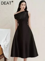 DEAT Yellow Diagonal Collar Dress Women's Pleated Sleeveless Slim Waist Mid-calf Evening Dresses Spring 2024 New Tide 13DB2487