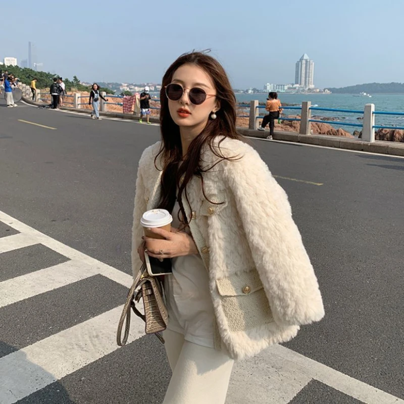 2023 New Small Fragrant Wind Winter Imitation FurWarm Coat Women Fashion Rabbit Hair Thick Round Neck Short Cotton-padded Jacket
