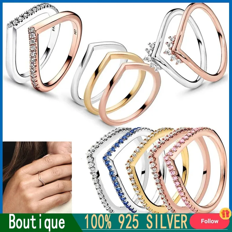 

2023 Hot Original Logo 100% 925 Silver Popular Women's Set V-shaped Wishing Bone Logo Ring DIY Light Luxury Charm Jewelry Gift