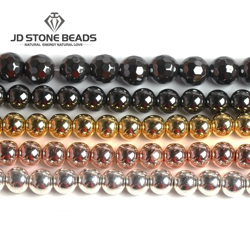 Natural Black Hematite Round Loose Beads Plated Gold Silver Facted