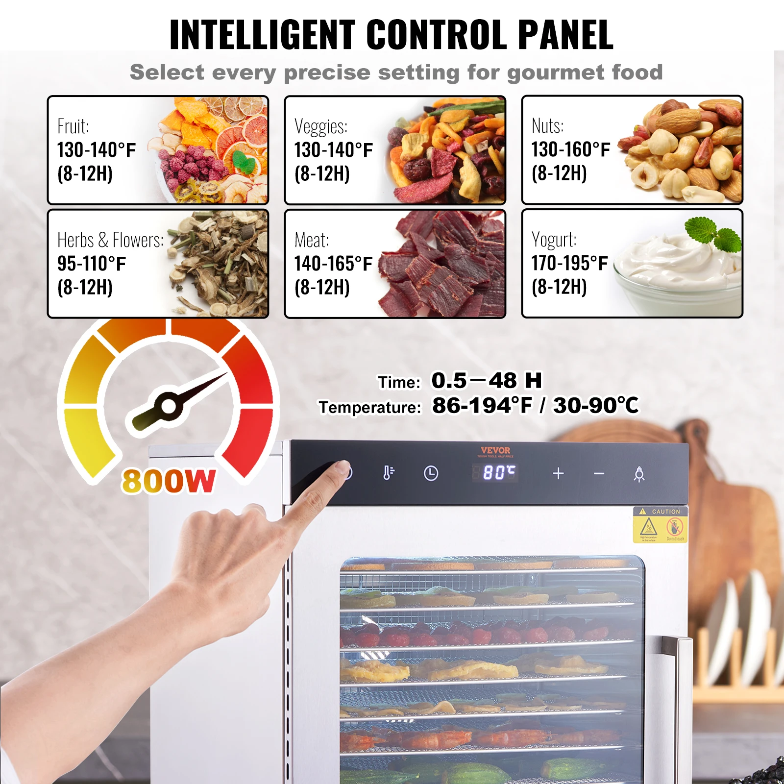 VEVOR 10 podnosy jídlo dehydrator nerez ocel stroj 800W/1000W domácnost zeleninu ovoce sušička s digitální časovač pro domácí