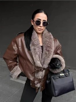 Winter Big Fur Collar PU Leather Jacket Women Long Sleeves Casual Warm Outwears Female Solid Covered Button Loose Cotton Jackets