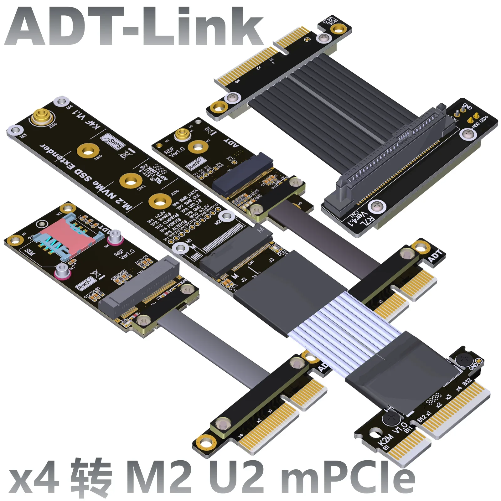 

ADT M.2 NVMe/M.2 WiFi/mPCIe/U.2 SFF-8639 SSD Riser Card to PCIE X4 Riser Adapter A.E Key-M NGFF M2 U2 Mainboard Extender PCIe 4x