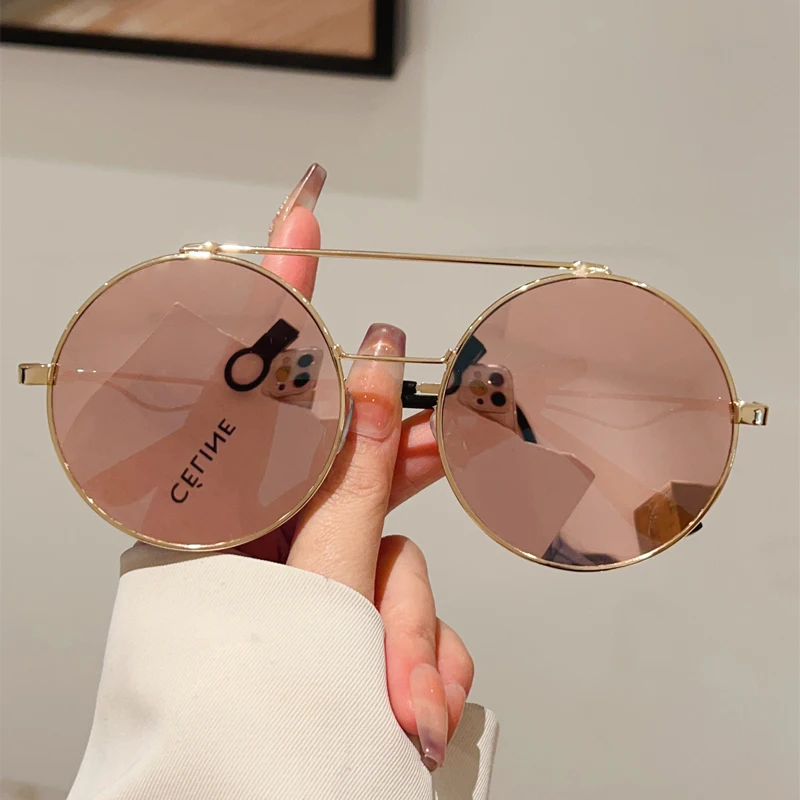 KAMMPT Vintage runde Sonnenbrille für Herren, 2025, neu in der Mode, Doppelbrücke, Spiegelschirme, Damen, trendige Retro-Markendesign-Sonnenbrille