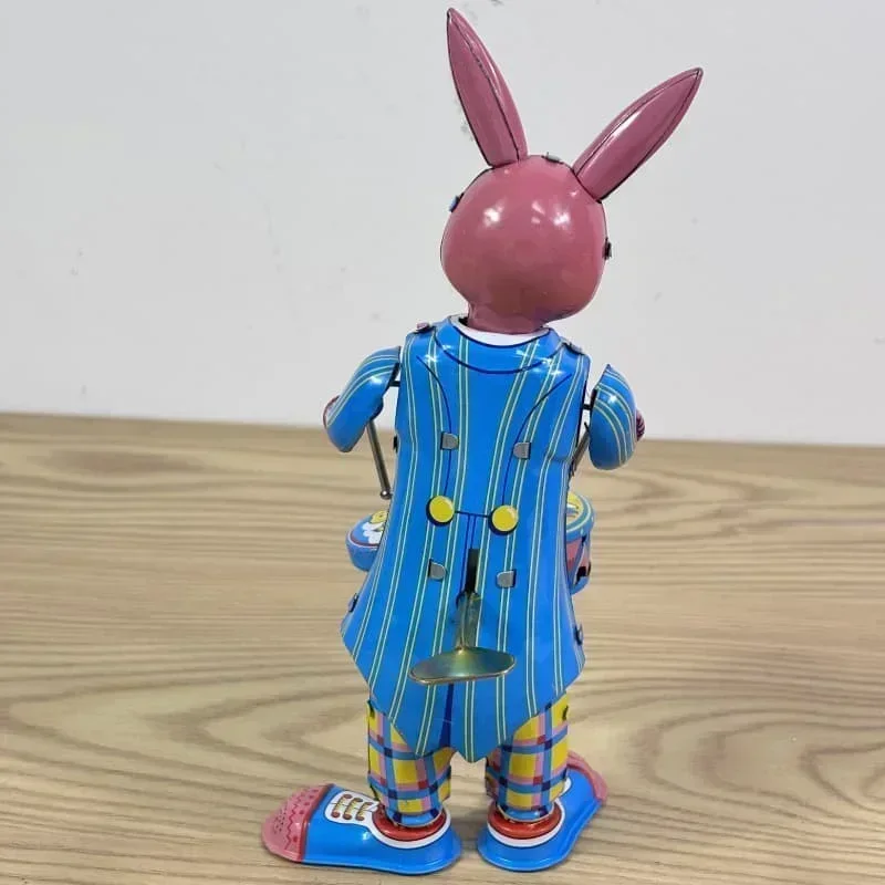 Rabbit Drum Beating Winding Toy Fun Classic Retro Clock Color Walking Tin Metal Mechanical Toy