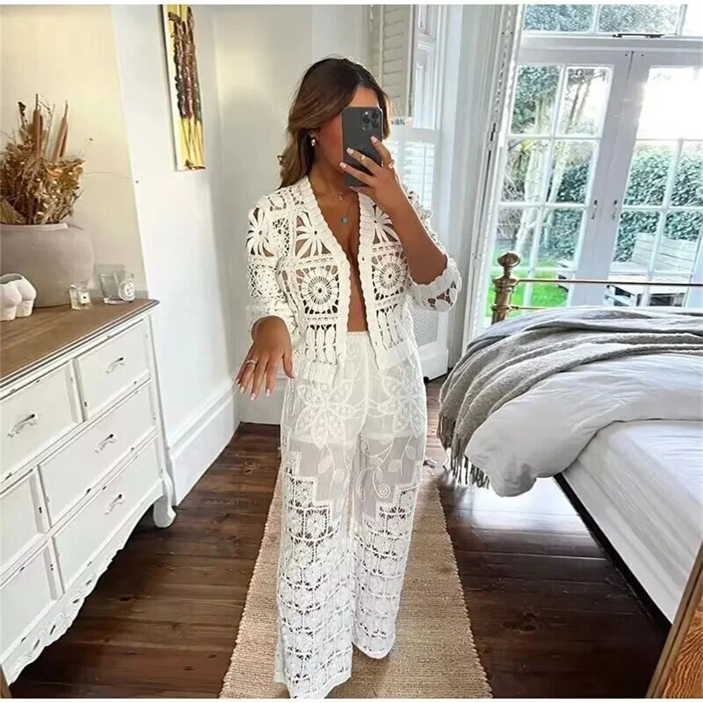 2024 Holle Haak Bloem Vrouwen Lounge Set Mode 3d Gebreide Vest Broek Set Homewear Zomer Dames Casual Outfits Pak Nieuw