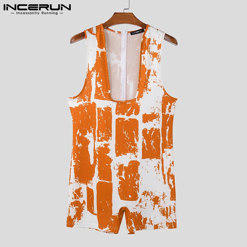 INCERUN American Style Fashion Bodysuits Sexy Men's Printed Color Block Jumpsuit Casual Homewear Square Neck Sleeve Rompers