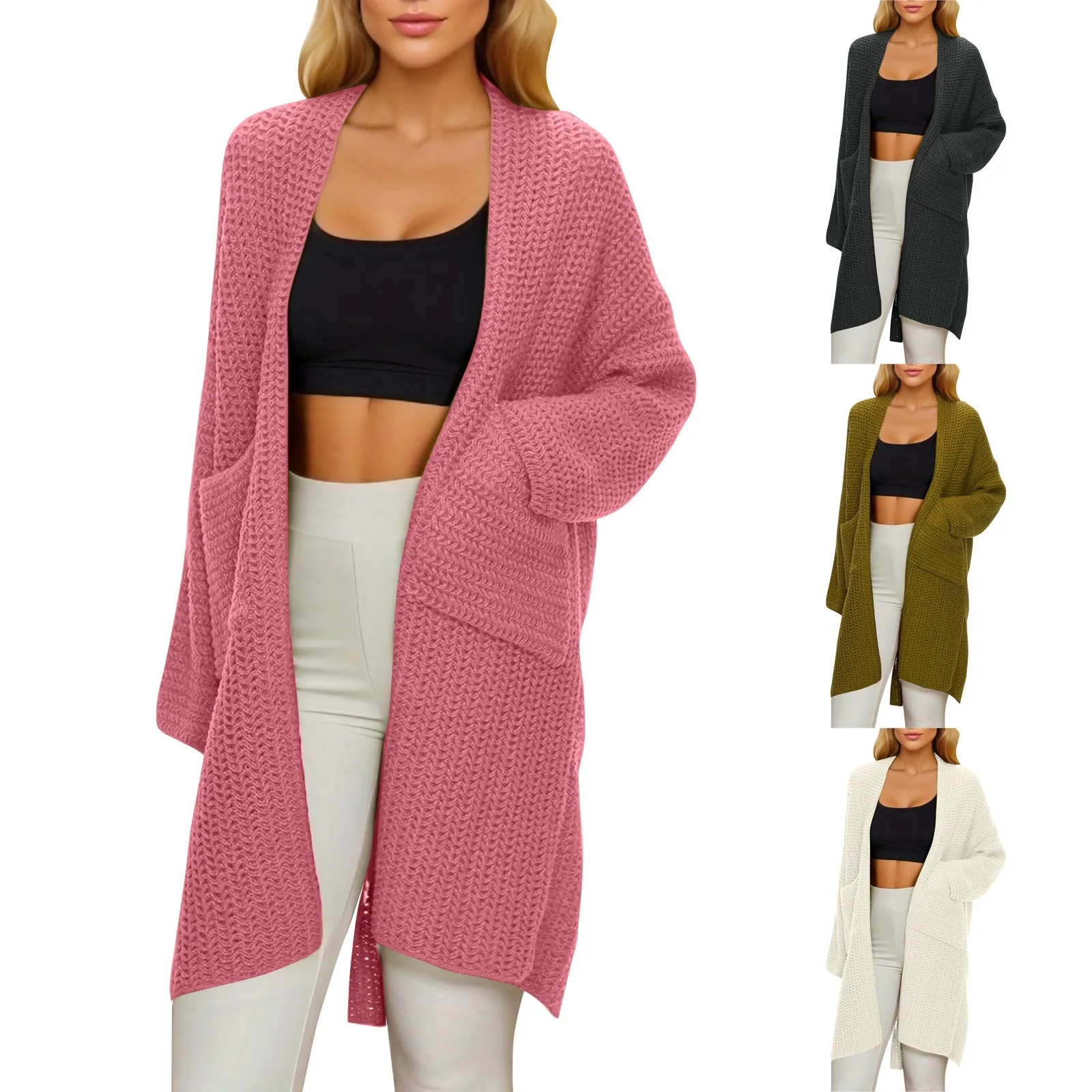 

Women's Fashion Loose Solid Colour Long Sleeve Knitted Sweater With Big Pockets Cardigan Fashion-Forward Easy-To-Match Coat