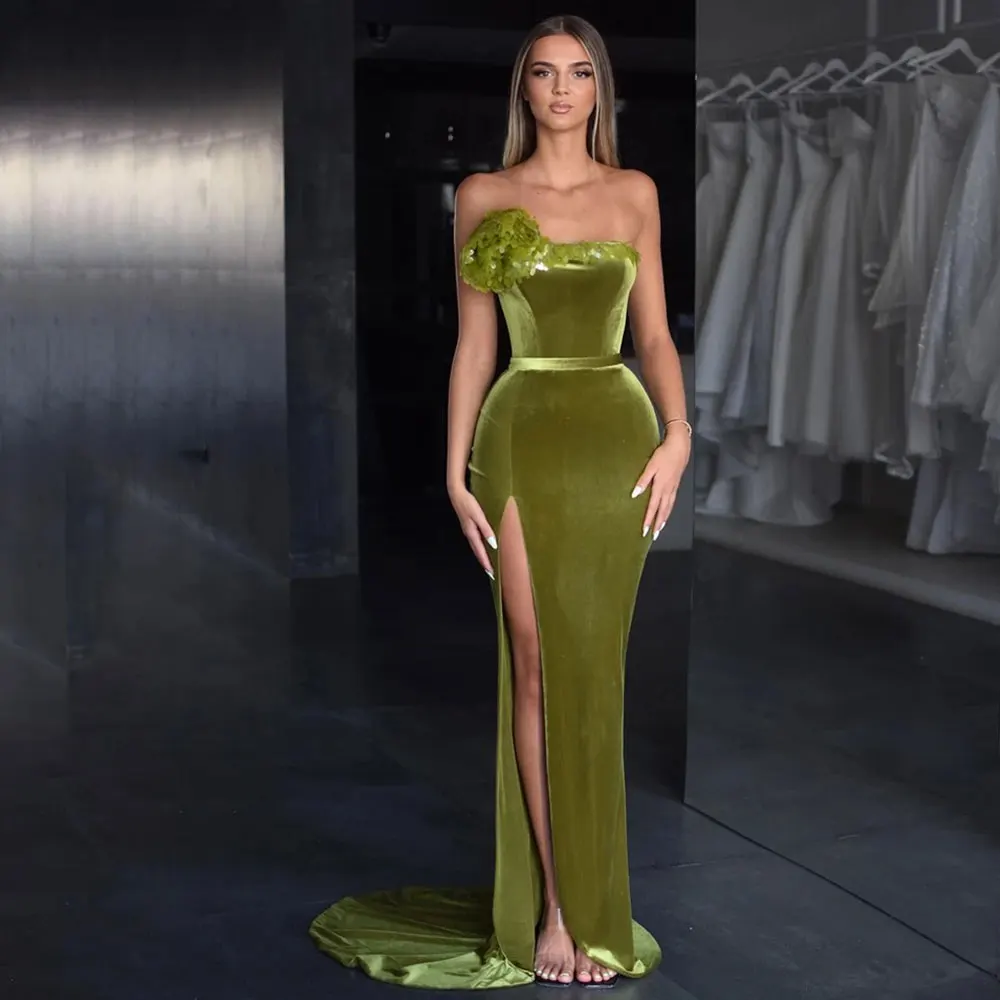 

2023 Green Mermaid Evening Dresses Women Off Shoulder Sexy High Side Slit Prom Dress Backless Pageant Bridesmaid Party Gowns