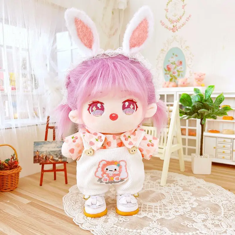 

20cm Kawaii Cherry Shirt White Strap Pants Suit Plush Idol Doll DIY Clothes Accessory Stuffed Customization Figure Doll Toy Gift