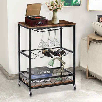 60x40x81cm Wood Movable Dining Car Multifunction Tea Cart Household Kitchen Shelf Wine Cart Three-storey Trolley Dining Side Car