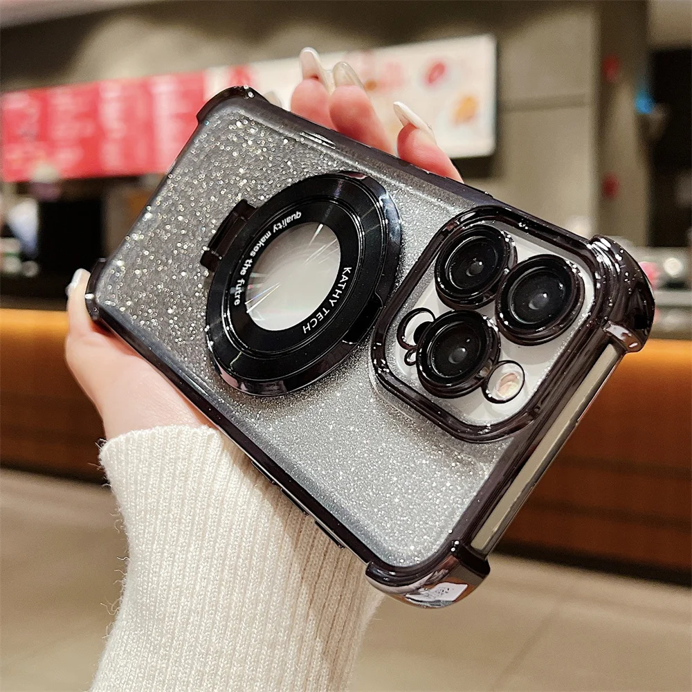 Farbverlauf Glitzer Magnetständer Klare Handyhülle für iPhone 15 14 Plus 13 12 11 Pro Max Bumper Objektivschutz Hard Cover_voghion.com