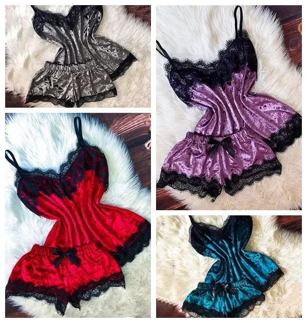 Women Sexy Lingerie Sleep Wear Camisole Bow Shorts V-Neck Tops Velvet Pajamas sleepwear lingerie,sleepwear lingerie set