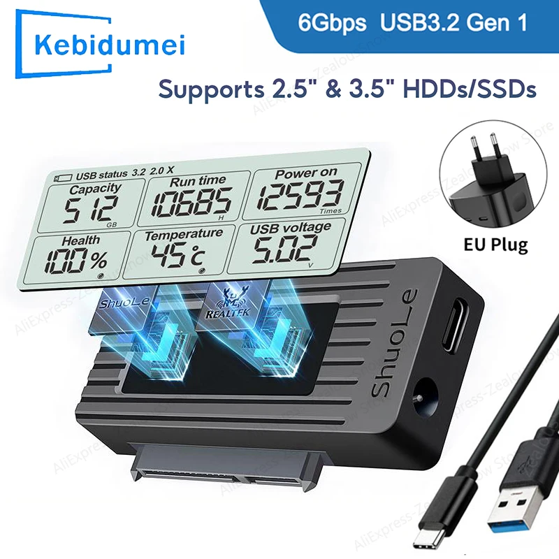 KEBIDUMEI USB to SATA 어댑터 디지털 디스플레이 컨버터 USB 3.2 3.0 to SATAIII 케이블 (2.5/3.5인치 SSD HDD 하드 드라이브 어댑터용)