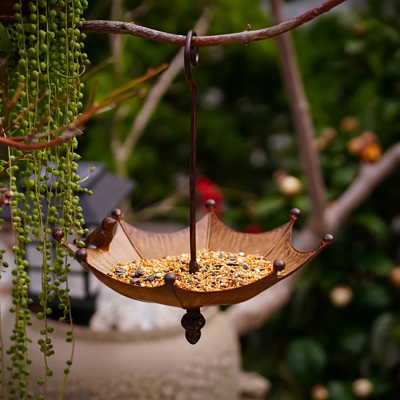 Antique Umbrella Shaped Metal Bird Food Tray Outdoor Hanging Bird Bathtub And Food Bowl Decorative Garden Yard Accessories