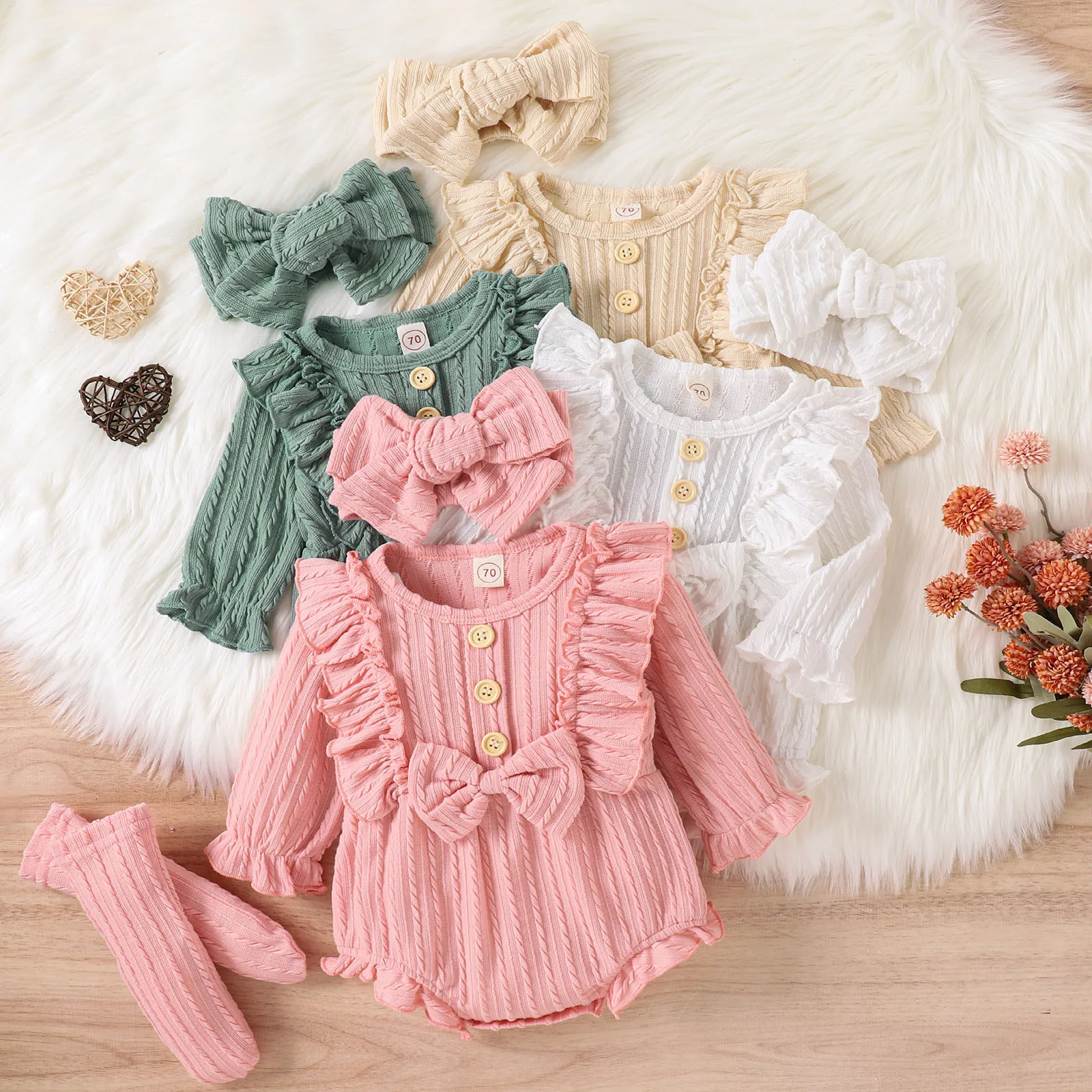 Infant Girls Ribbed Ruffles Long Sleeve Bowknot Romper Bodysuit Headbands Outfits Baby Clothes Mom Cotton Leotard Girls