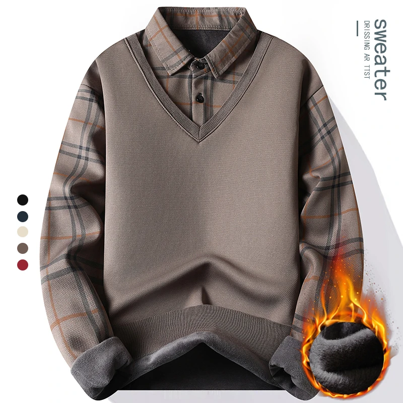 New Mens Fleece Polo Collar Sweater Fake 2 Pieces Patchwork Velvet Pullovers Slim Fit Tops Elegant Knitted Sweaters men long sleeve sweater