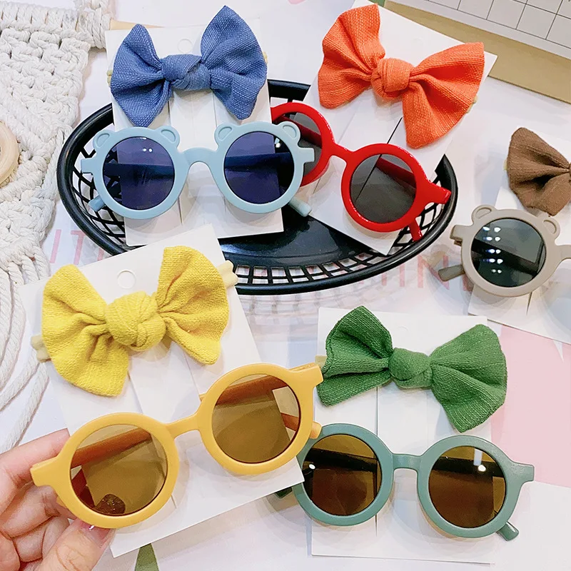 2Pcs/Pack Vintage Kids Summer Bows Headband Round Sunglasses Children Sun Glasses Protection Glasses Baby Hair Accessories