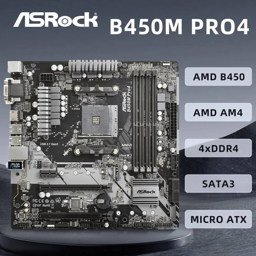 

ASROCK B450M Pro4 Motherboard AMD Promontory B450 AMD AM4 Socket Supports R9 5950X , R7 5800X3D ,CPU 4 x DDR4 128GB Micro ATX