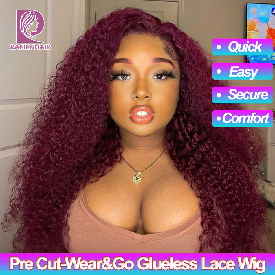 

Glueless Wig Human Hair Ready To Wear Burgundy Kinky Curly Wear Go Wigs For Women Pre Cut 4x4 HD Lace Closure Wig 99J Curly Hair