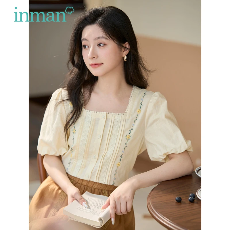INMAN Women Blouse 2023 Summer Bishop Sleeve Lace Square Neck Slim Shirts Exquisite Embroidery French Elegance Yellow Tops