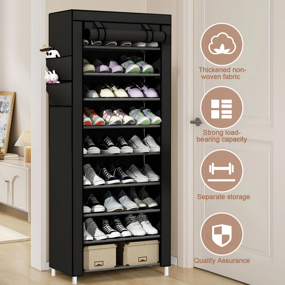 10 Layers Shoes Cabinet with Fabric Cover Dustproof Shoes Storage Rack Metal Shoe Rack for Home Student Dormitory Office Worker