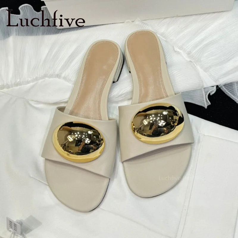 

Real Leather Square Heel Women's Slippers Slip On Open Toe Gold Metal Decoration Mules Brand Casual Outside Dress Shoes Mujer