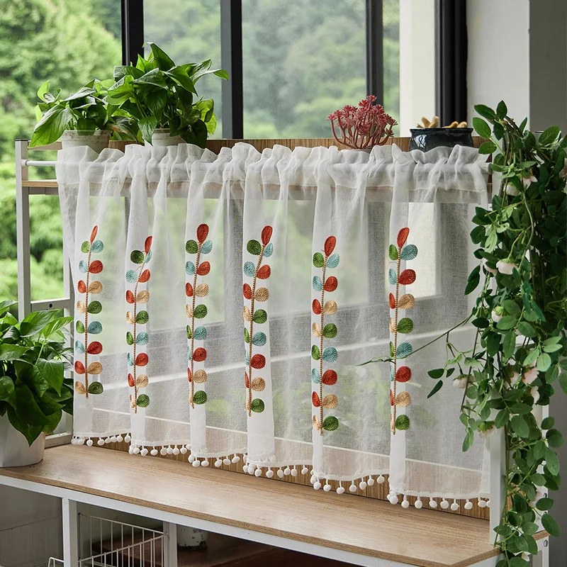 Window Curtains Chiffon Curtains Curtain Tie Backs Four color branch Embroidered Semi Sheer Curtain Kitchen Tiers Half Window Sheer Curtains Rod Pocket Voile Drapes for Kitchen Ba