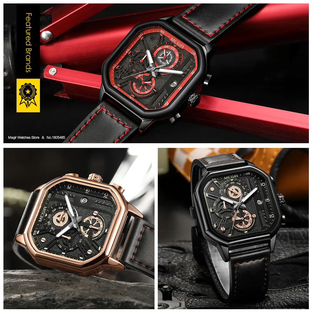 Megir-relógio de Quartzo Militar Masculino com Mostrador Quadrado Cronógrafo Analógico Relógio de Pulso Esportivo Pulseira Azul e Laranja Moda 8106 - Image 6