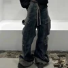 RO Style Gradient Ribbons Multi-pockets Drawstring Jeans for Men Harajuku Streetwear Baggy Y2K Denim Trousers Oversized Cargos 2